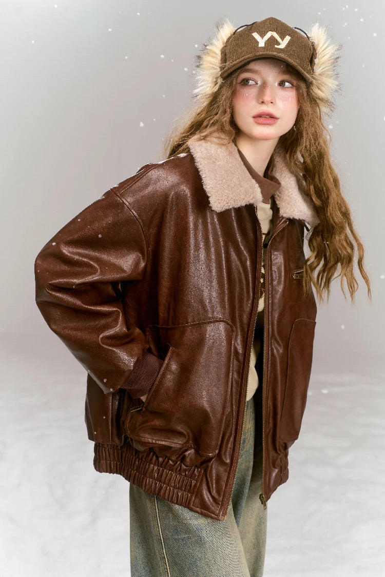 VILZSTUDIOS Vintage Brown Fleece Neck PU Leather Jacket