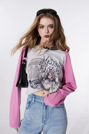 VILZSTUDIOS Color Block Cartoon Print Long Sleeve Top