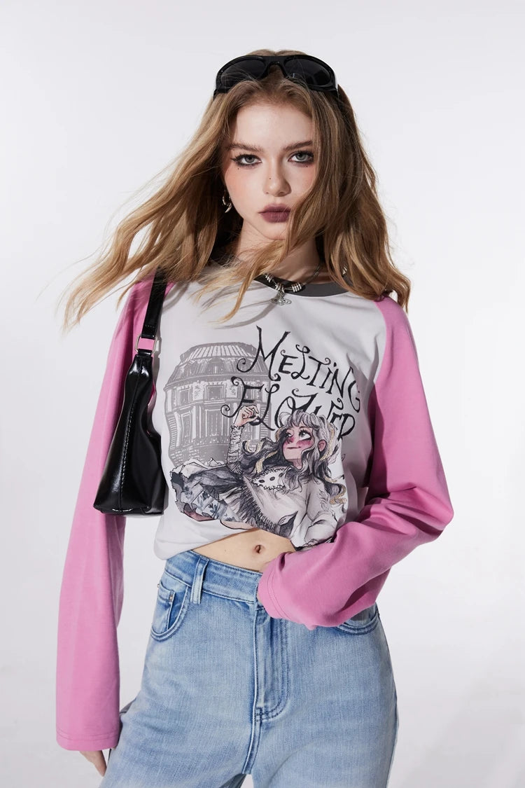 VILZSTUDIOS Color Block Cartoon Print Long Sleeve Top