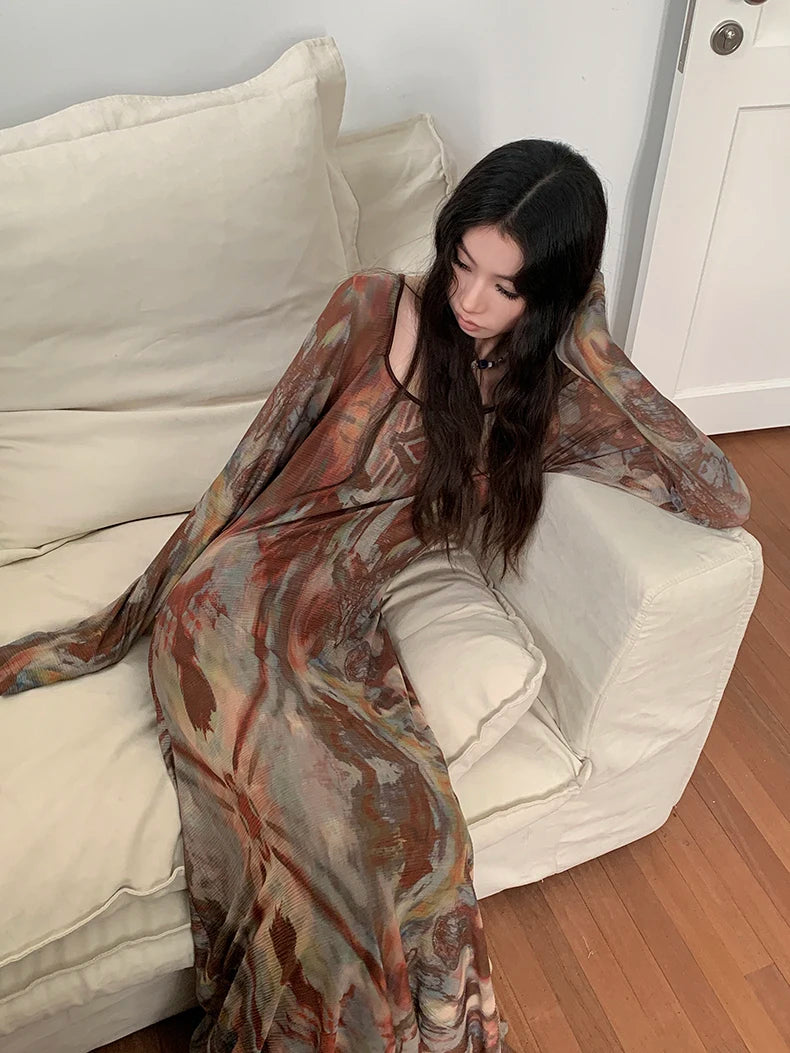 VILZSTUDIOS Brown Abstract Print Long Sleeve Dress