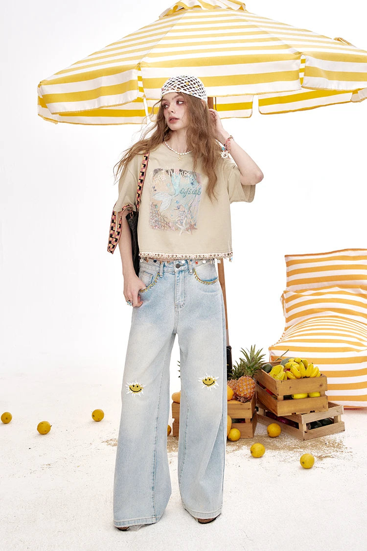 VILZSTUDIOS Chic Shell Tassel Print Loose T-Shirt