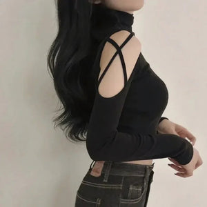 VILZSTUDIOS Sexy Hollow Out Turtleneck Long Sleeve Top