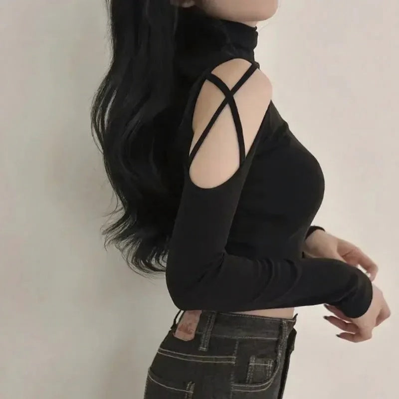 VILZSTUDIOS Sexy Hollow Out Turtleneck Long Sleeve Top
