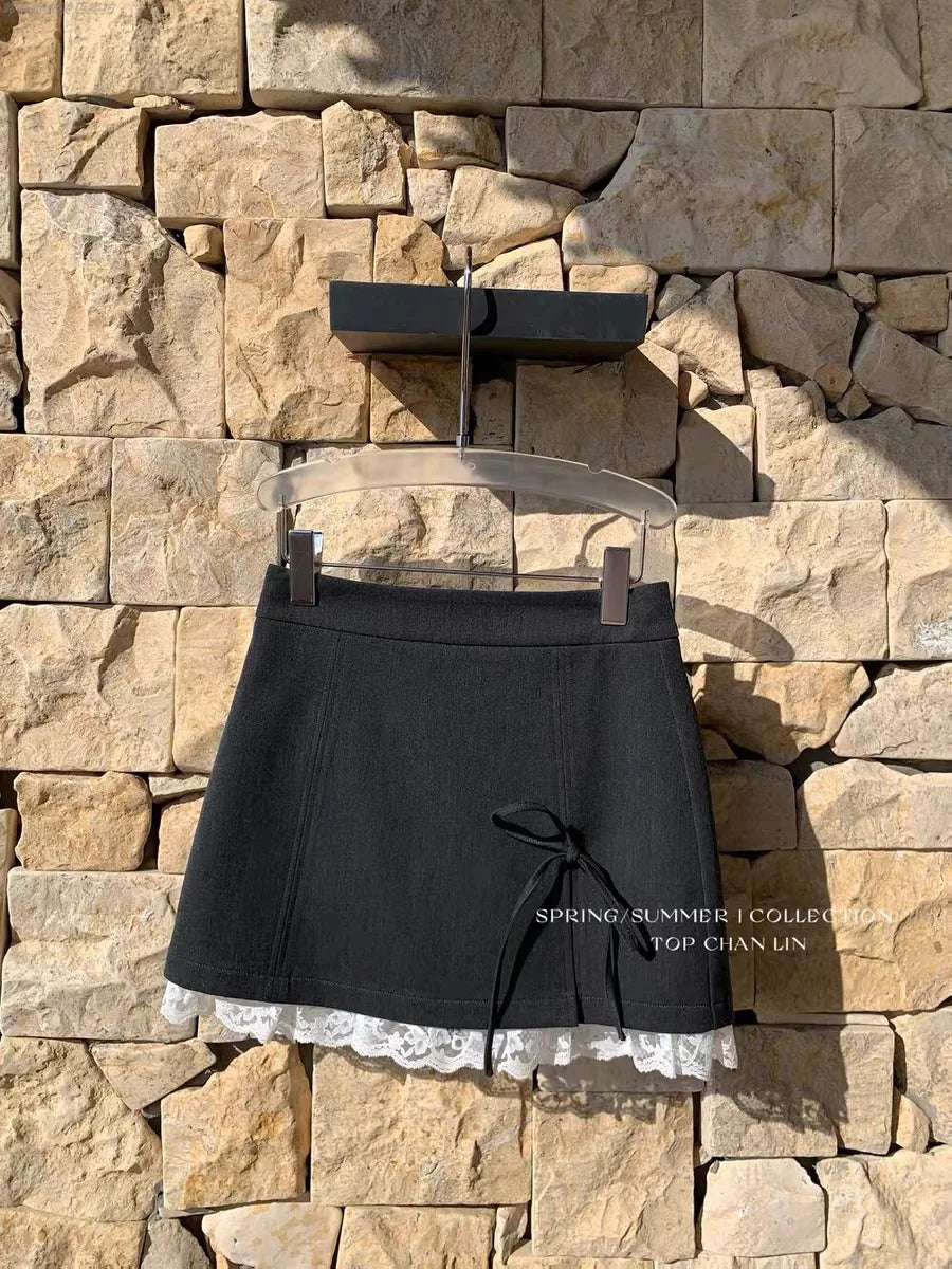 VILZSTUDIOS Sweet Lace Bow Splicing Mini Skirt