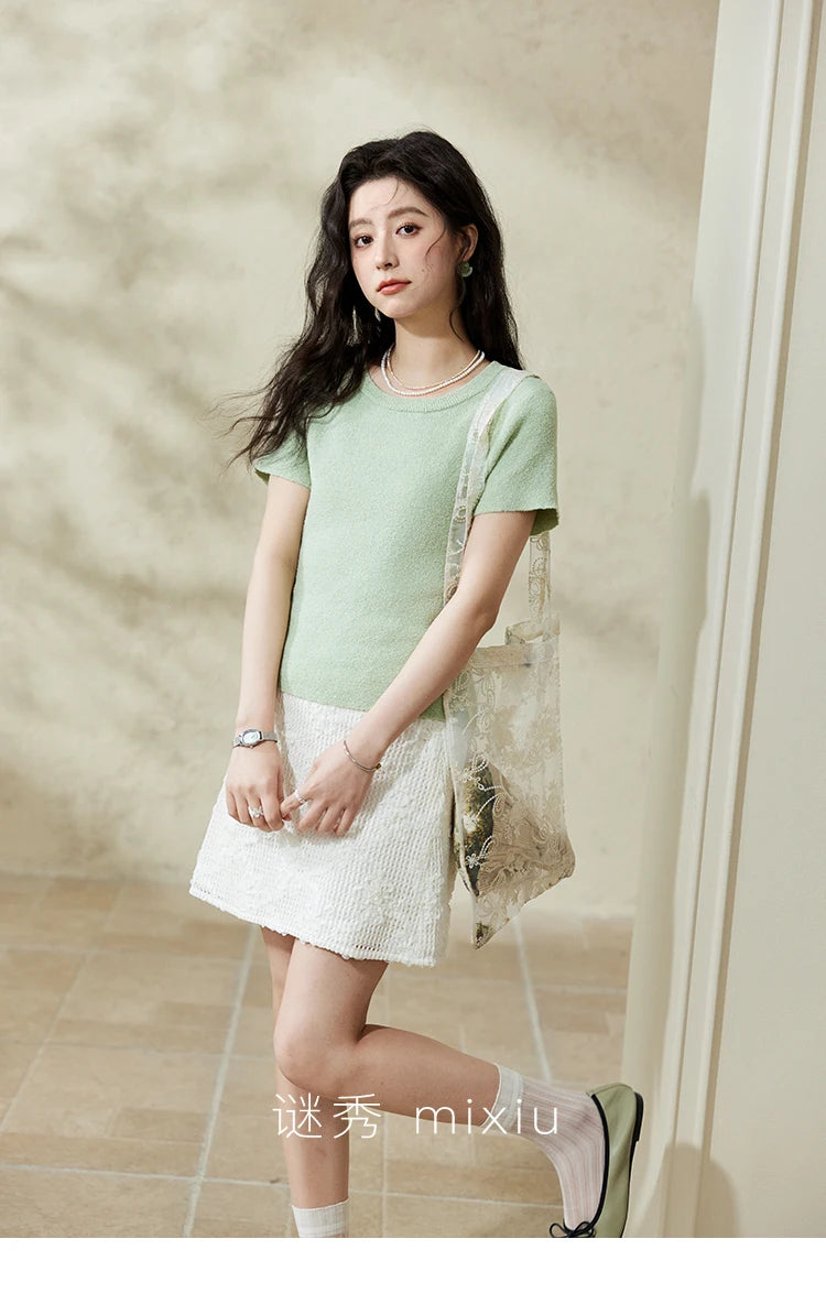 VILZSTUDIOS Pearl Buckle Knitted Short Sleeve T-Shirt