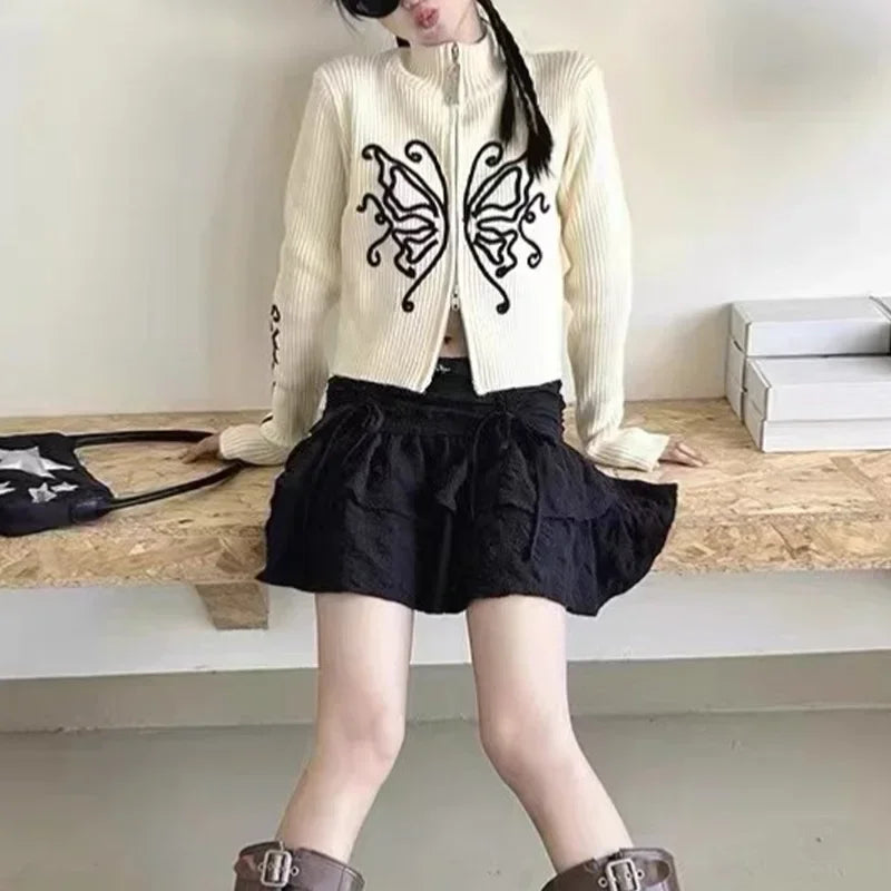 VILZSTUDIOS Butterfly Embroidery Stand Up Collar Cardigan