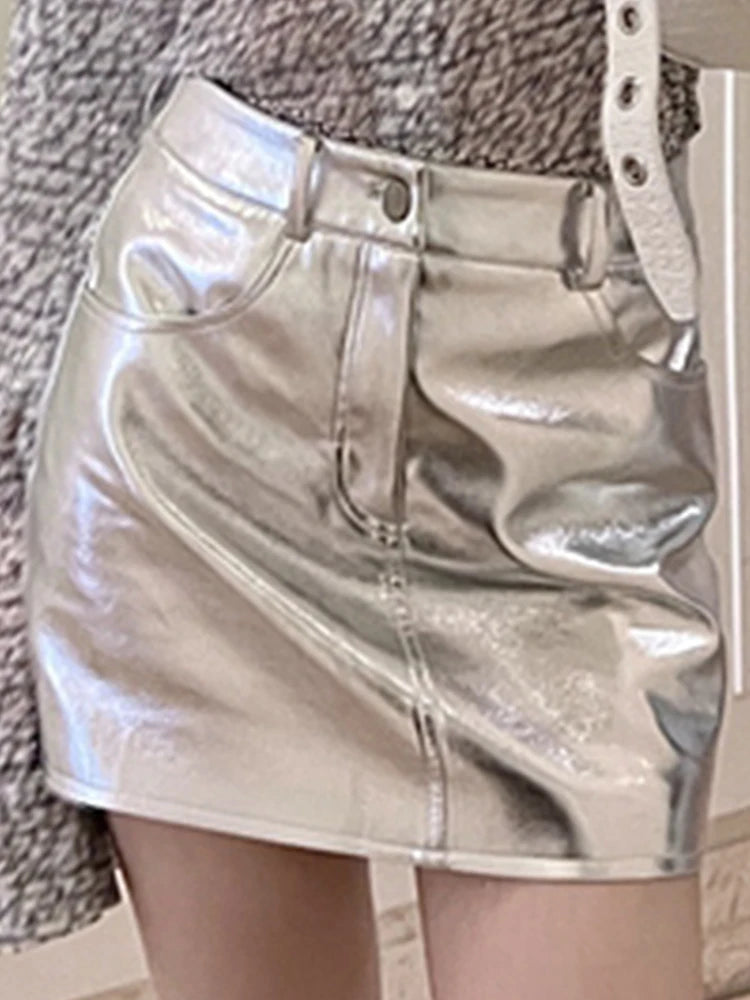 VILZSTUDIOS Shiny Pink Silver Reflective Patent Leather Skirts
