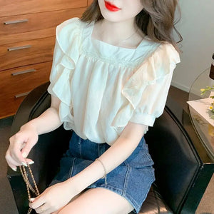 VILZSTUDIOS Chic Summer Square Collar Ruffles Shirt