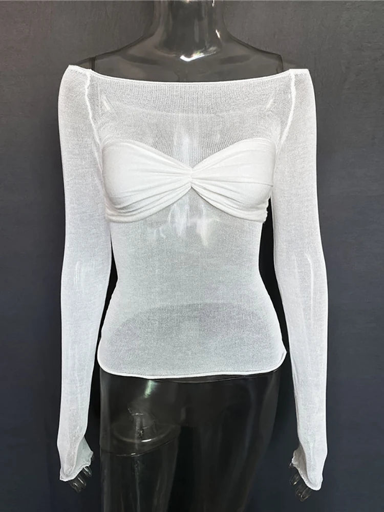 VILZSTUDIOS Sexy Mesh Off Shoulder Ruched T-Shirt