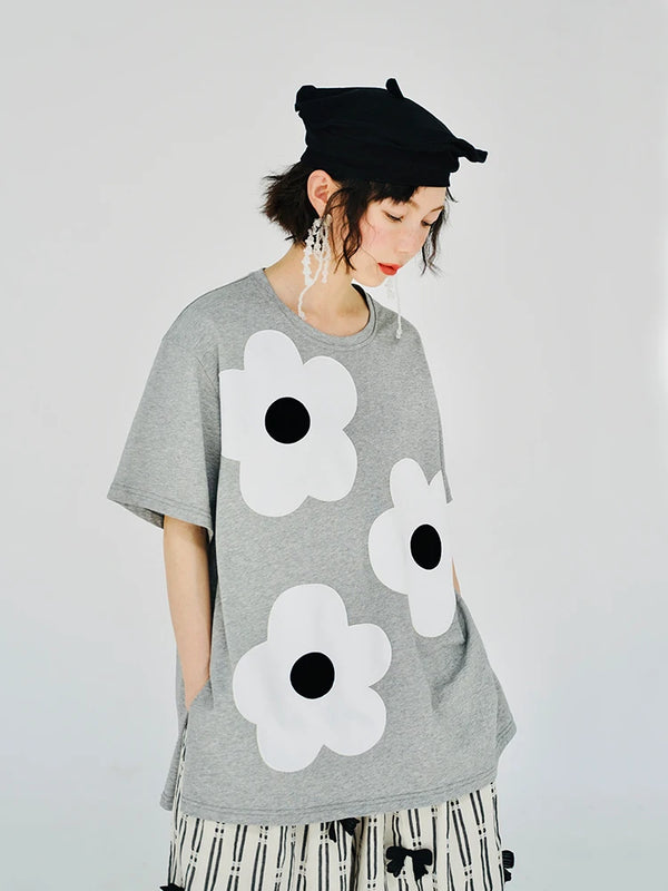 Gray Cotton Applique Short-Sleeved T-Shirt