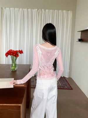 VILZSTUDIOS Pink Lace Print Mesh Long Sleeve Top