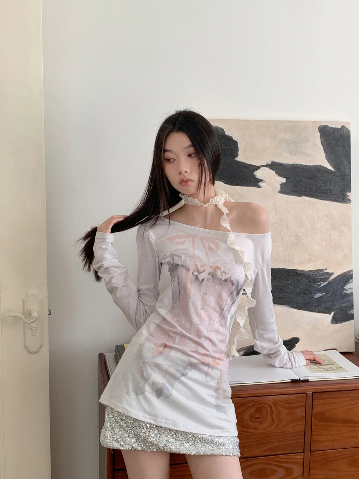 VILZSTUDIOS Off Shoulder Graphic Long Sleeve Top