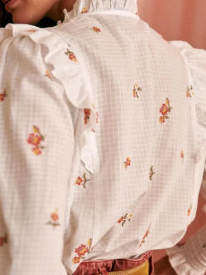 VILZSTUDIOS Ruffled Floral Print Lantern Sleeve Blouse