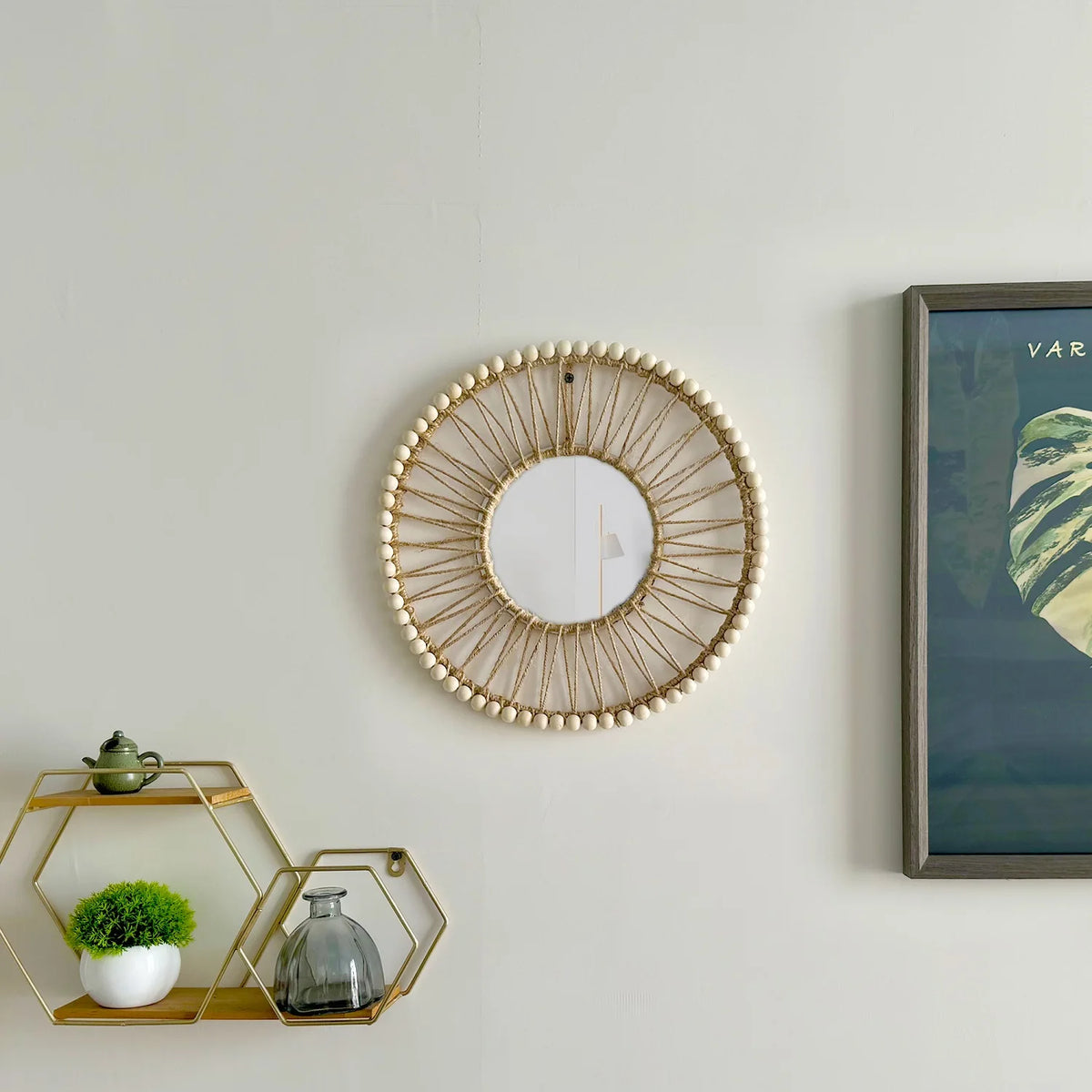 VILZSTUDIOS Hand-woven Nordic decorative hanging mirror creative wall sofa porch homestay style background wall hollow out decor mirror