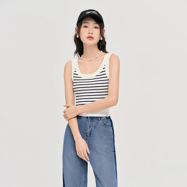 Contrasting Stripes Autumn Sleeveless Slim Tank