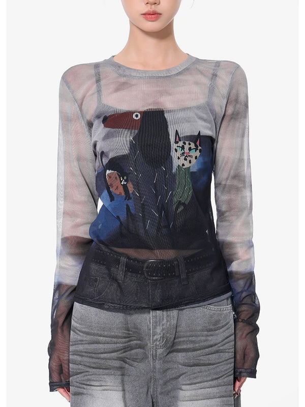 Colorful Graffiti Print Graphic Long Sleeve Top
