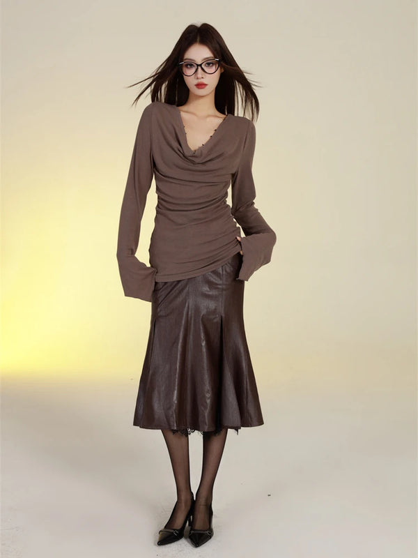 Brown Knitted Long Sleeve Top