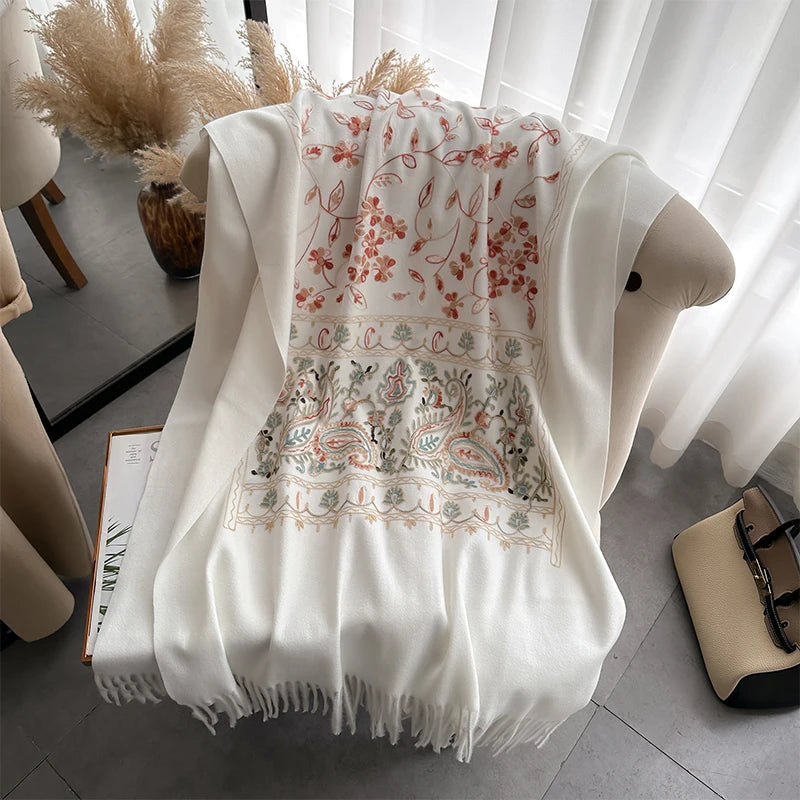 VILZSTUDIOS New Luxury Design Winter Embroidery Cashmere Scarves High Quality Women Thicken Wrap Shawl Ladies Warm Wool Pashmina Scarf