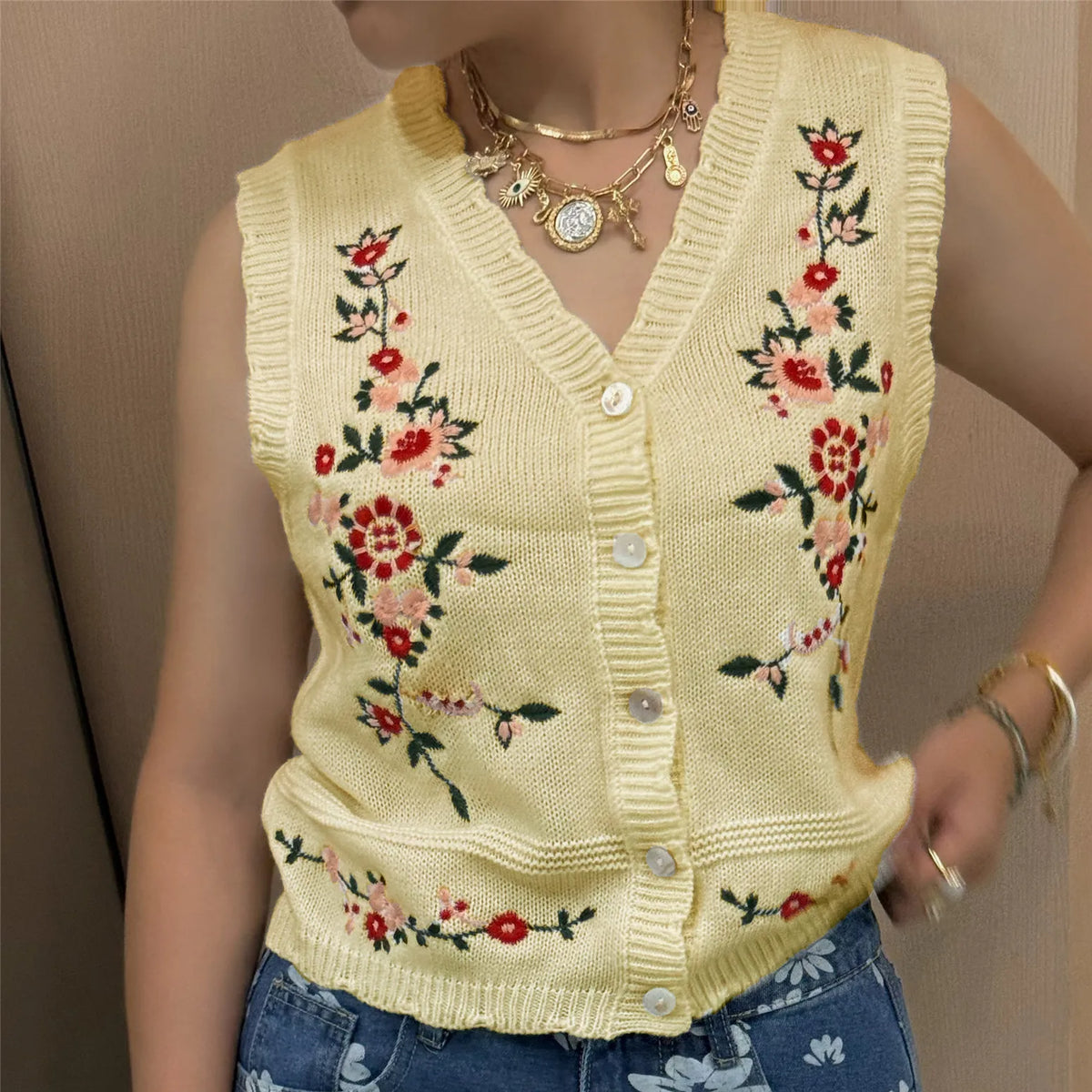 VILZSTUDIOS Cozy Knit Floral Embroidered V-Neck Vest