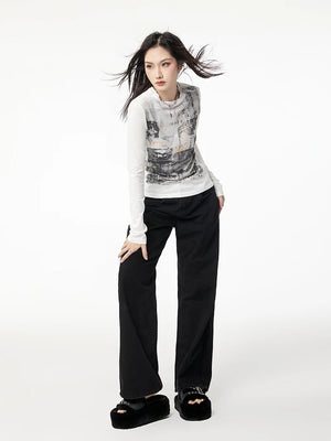 VILZSTUDIOS Vintage White Graphic Long Sleeve Top
