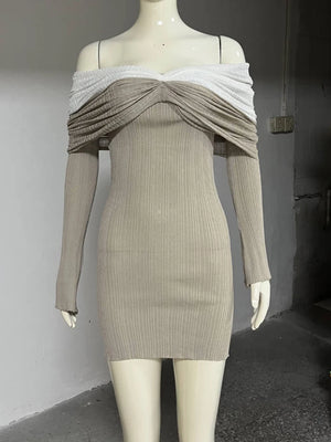 VILZSTUDIOS Sexy Patchwork Knit Off Shoulder Dress