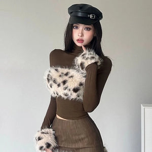 VILZSTUDIOS Leopard Patchwork Slim Fit Turtleneck Top