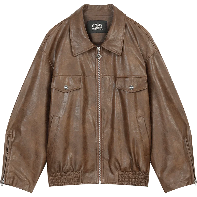 VILZSTUDIOS Y2K Vintage Texture Zip-Up Biker Leather Jacket