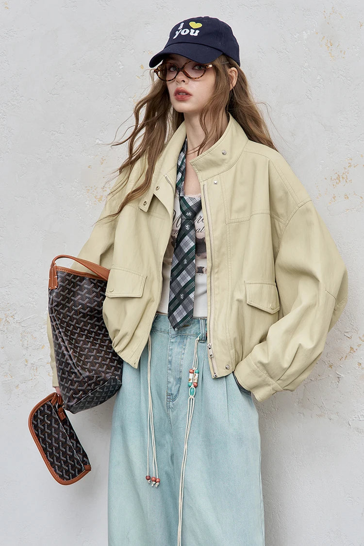 VILZSTUDIOS Y2K Streetwear Beige Loose Jacket