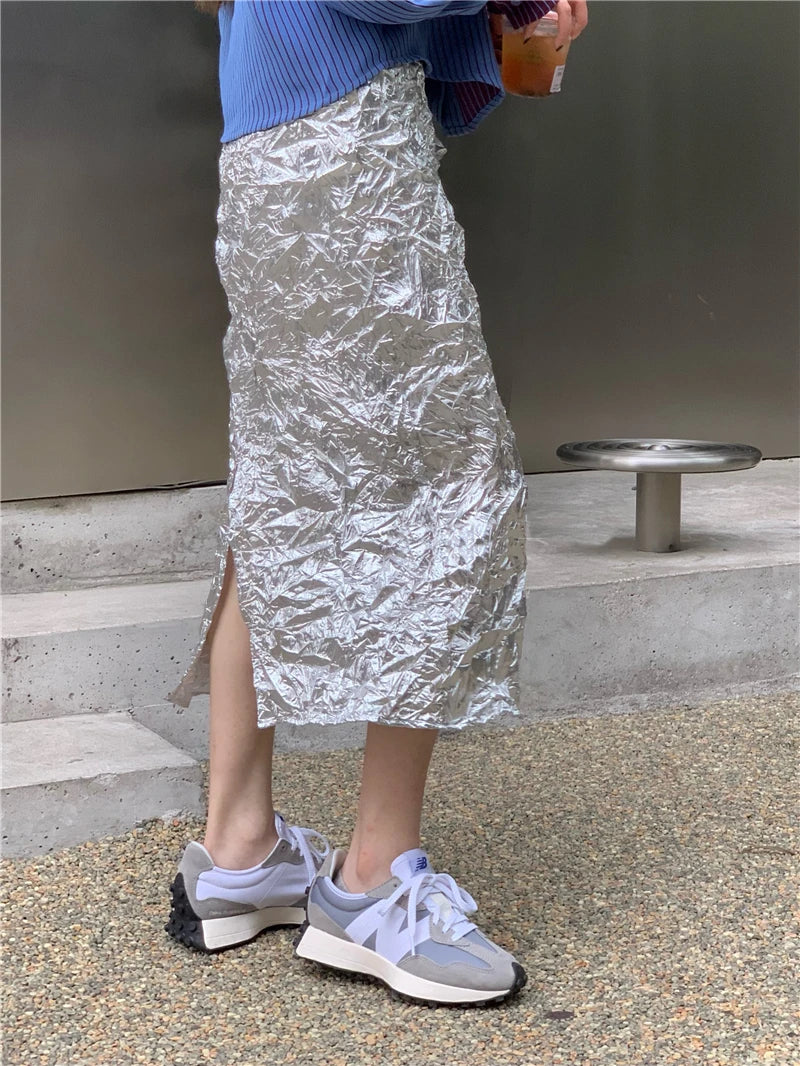VILZSTUDIOS Silver Metallic Ruched High Skirt
