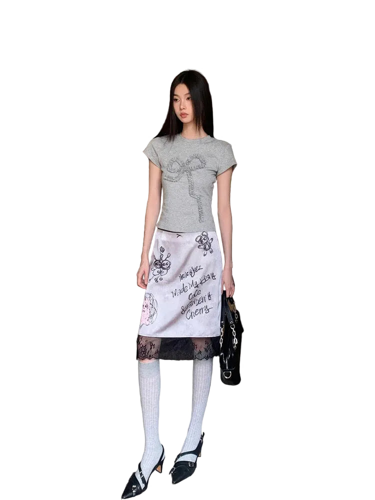 VILZSTUDIOS Stylish Grey Summer Short Sleeve T-Shirt With Lace Midi Skirt