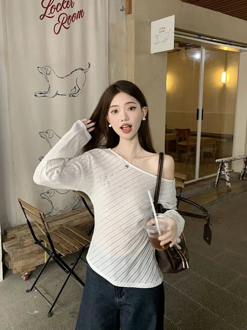 VILZSTUDIOS Off Shoulder Loose Knit Long Sleeve Top