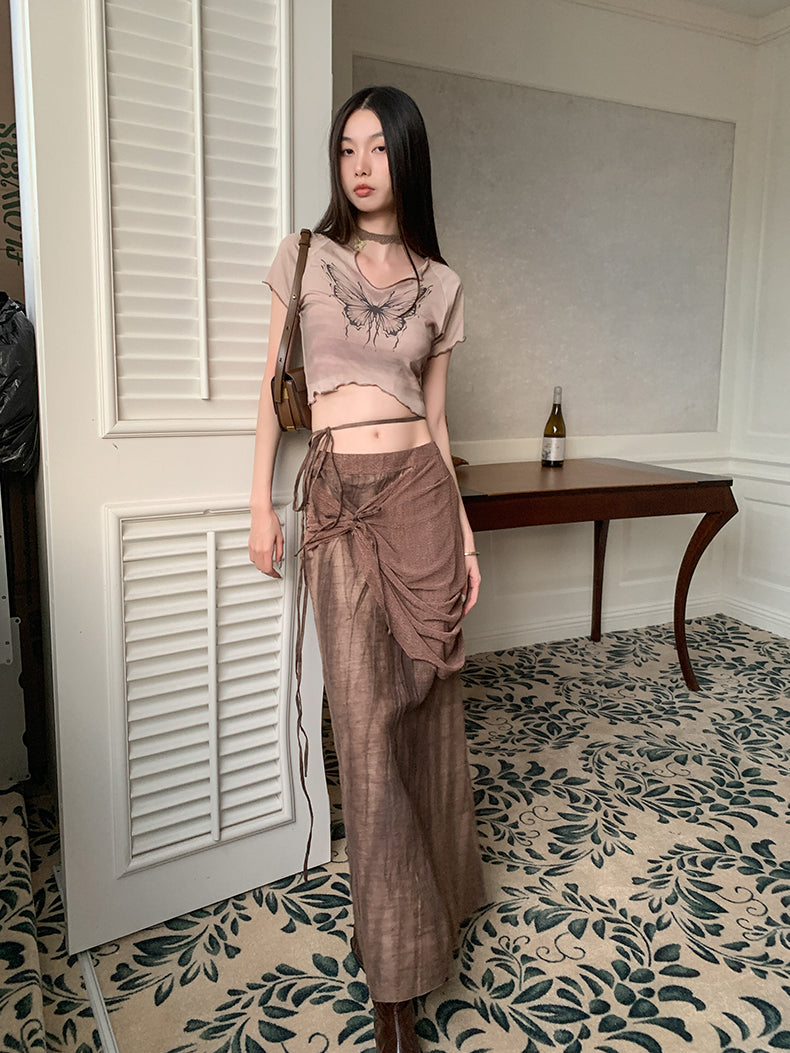 VILZSTUDIOS Brown Tie Dye High Waist Skirt & Top