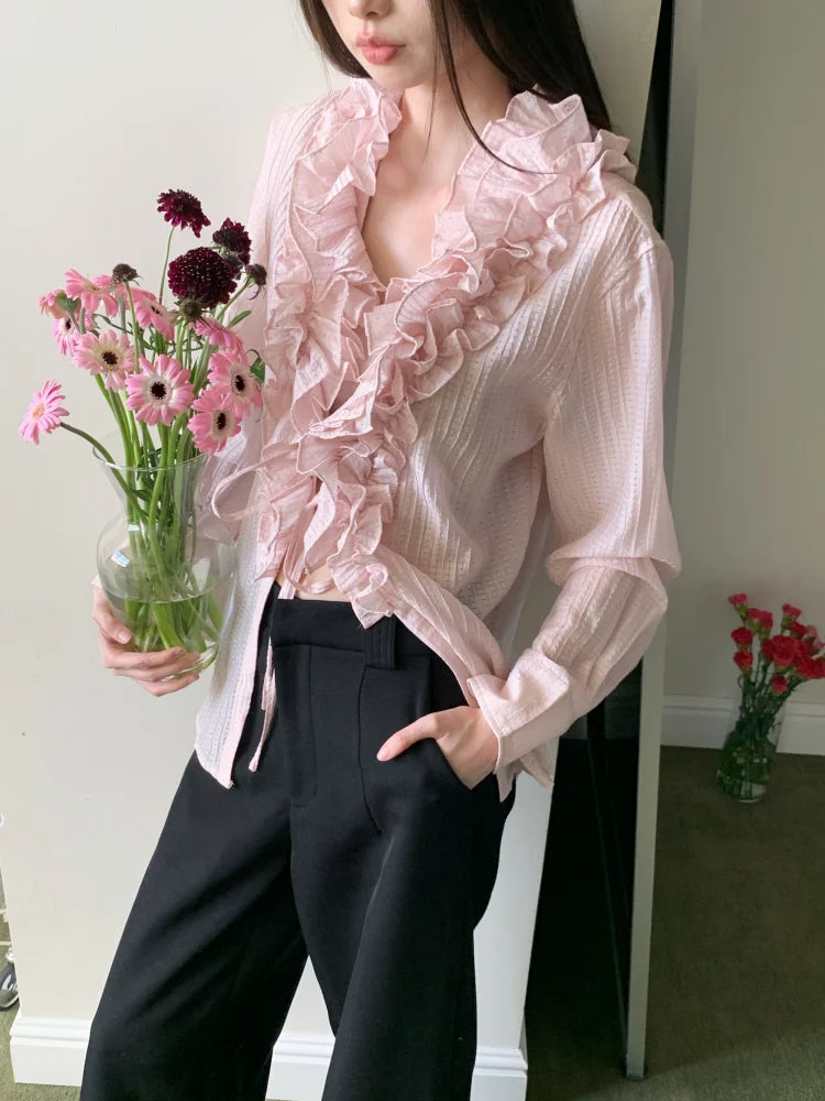 VILZSTUDIOS Ruffled Sheer Long Sleeve Designer Shirt