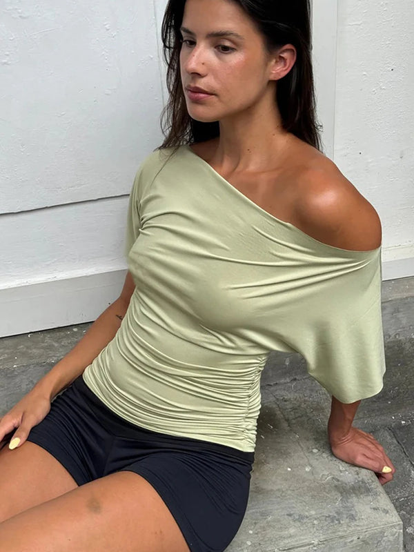 Green Sexy One Shoulder Slim T-Shirt