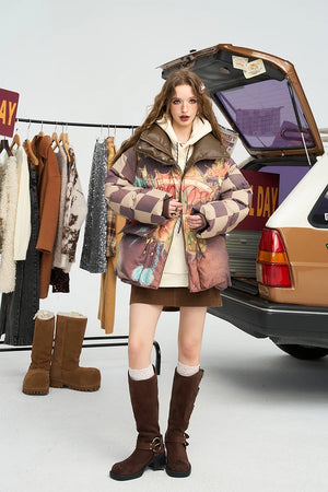 VILZSTUDIOS Cartoon Chessboard Printed Puffer Jacket