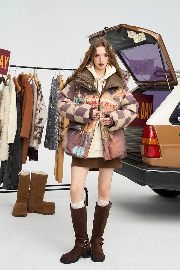 VILZSTUDIOS Cartoon Chessboard Printed Puffer Jacket