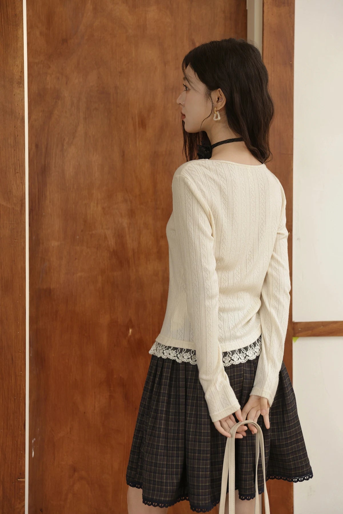 VILZSTUDIOS Hollow Knitted Lace Hem Long Sleeve Top
