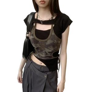 VILZSTUDIOS Camo Print Mesh Halter Top