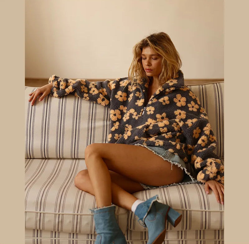 VILZSTUDIOS Cozy Zipped Flowers Print Sweater