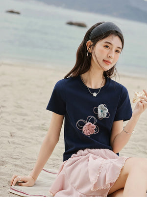 VILZSTUDIOS Floral Beaded T-Shirt