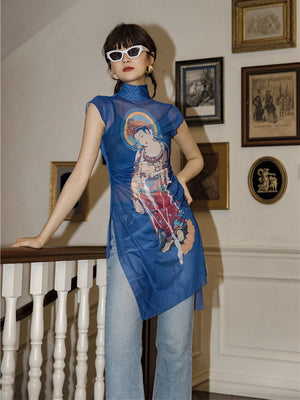 VILZSTUDIOS Blue Buddha Print Mesh Turtleneck Blouse