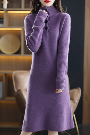 VILZSTUDIOS Elegant Pure Wool Turtleneck Midi Dress