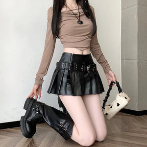 VILZSTUDIOS Black Gothic Pleated Leather Mini Shorts