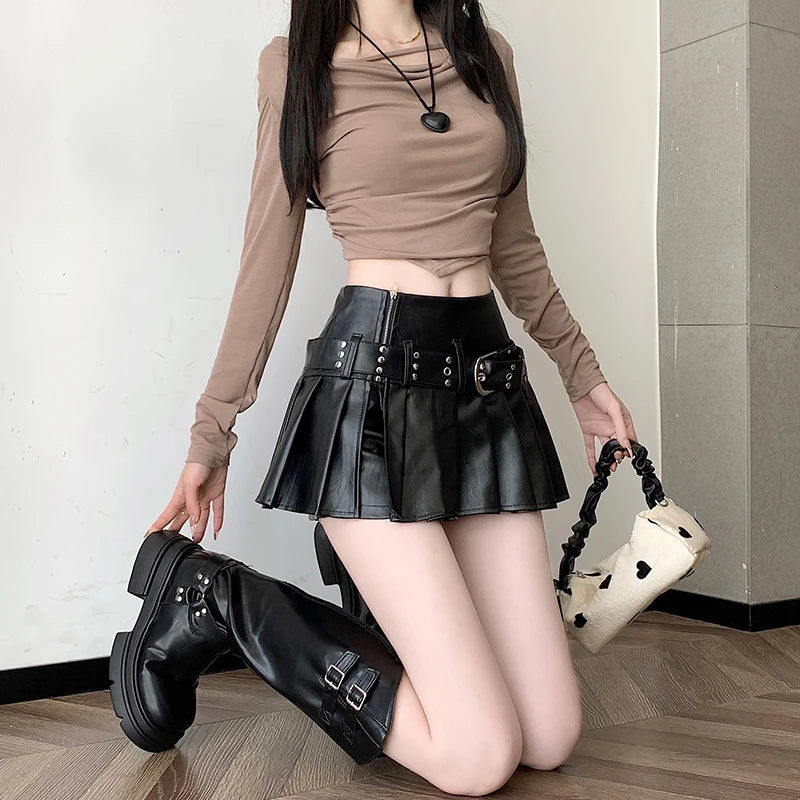 VILZSTUDIOS Black Gothic Pleated Leather Mini Shorts