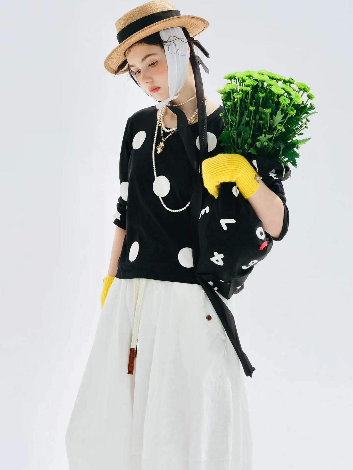 VILZSTUDIOS Black Polka Dot Long Sleeve Casual T-Shirt