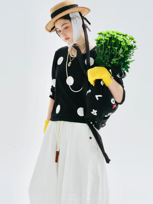 VILZSTUDIOS Black Polka Dot Long Sleeve Casual T-Shirt