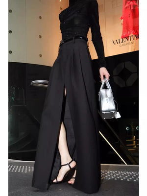 VILZSTUDIOS Elegant Black Flowy High Slit Skirt