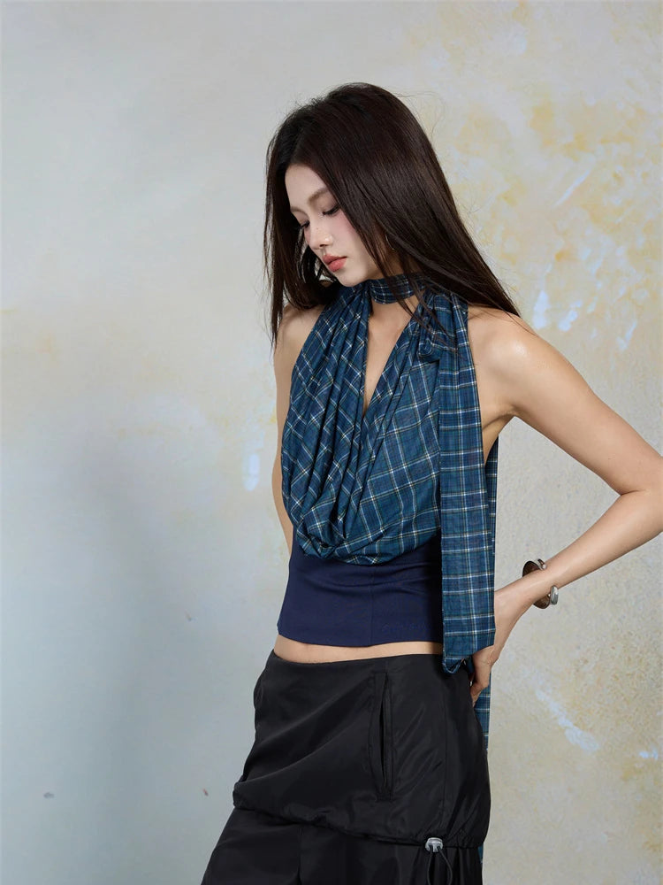 VILZSTUDIOS Blue Plaid Mesh Backless Halter Top