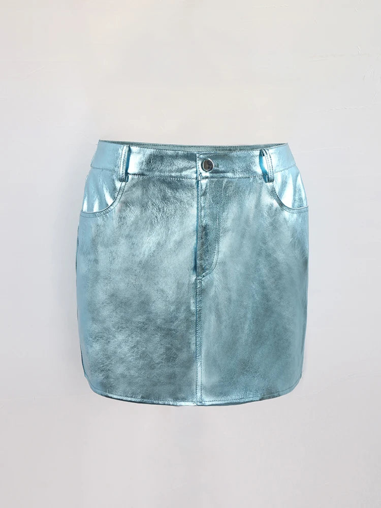 VILZSTUDIOS Shiny Pink Silver Reflective Patent Leather Skirts
