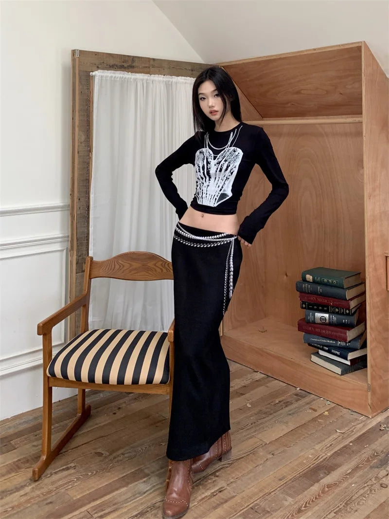 VILZSTUDIOS Black Pearl Print Long Sleeve Cropped Top